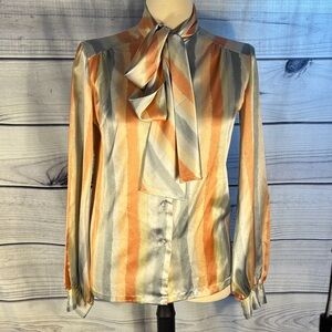 Vintage Retro 70’s Style Striped Satin feel Blouse with Bow Tie neck detail